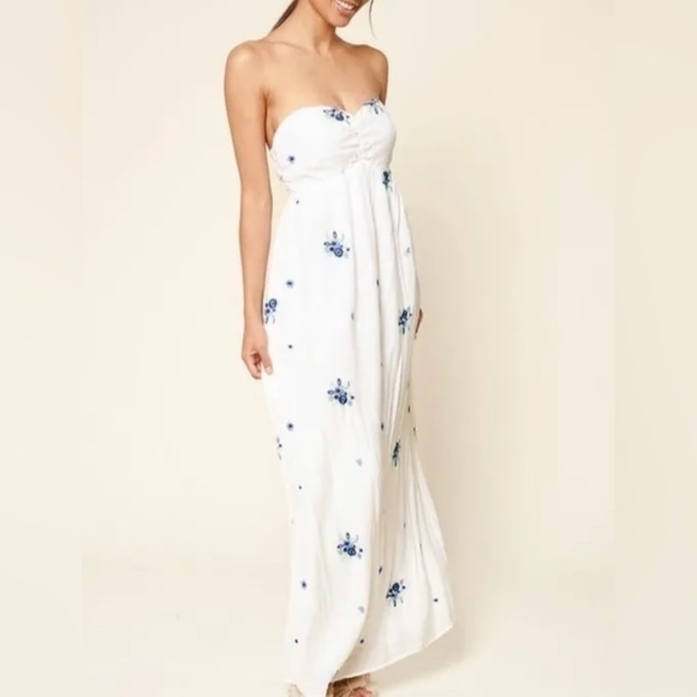 NWT SugarLips white blue floral embroidery strapless maxi dress XL